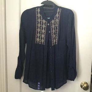 Navy Embroidered Button-Up Blouse